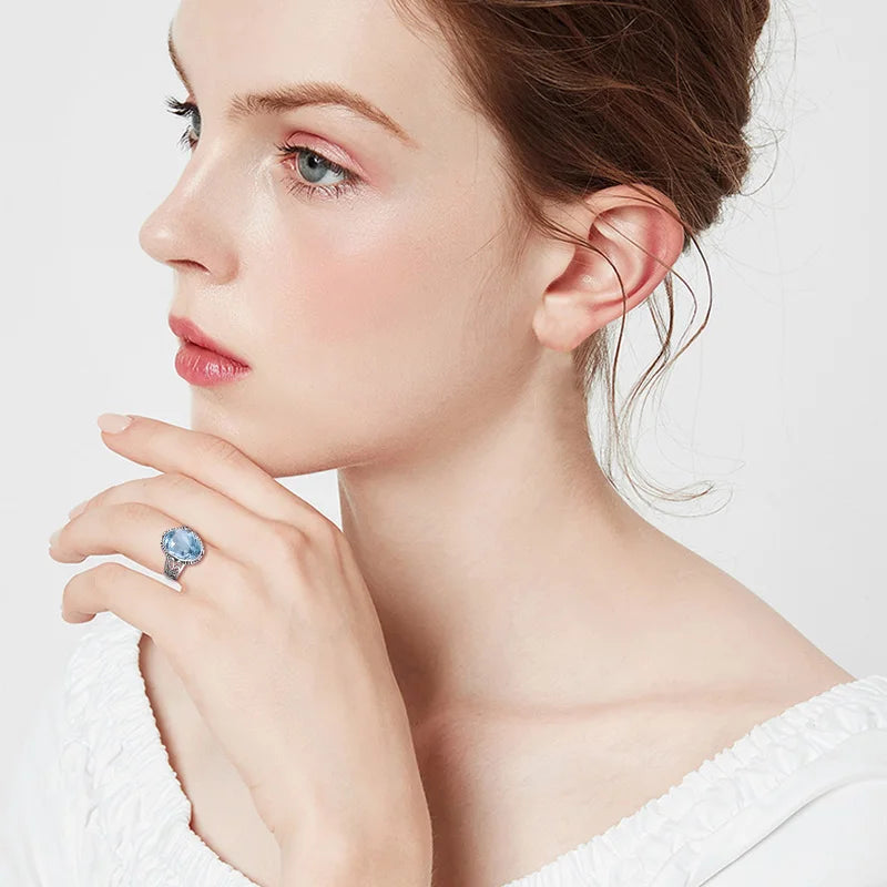 Classic Vintage Silver 925 Aquamarine Ring Woman Massive Stone 10*14mm Hypoallergenic Party Female Jewelry accessories Gift 2025