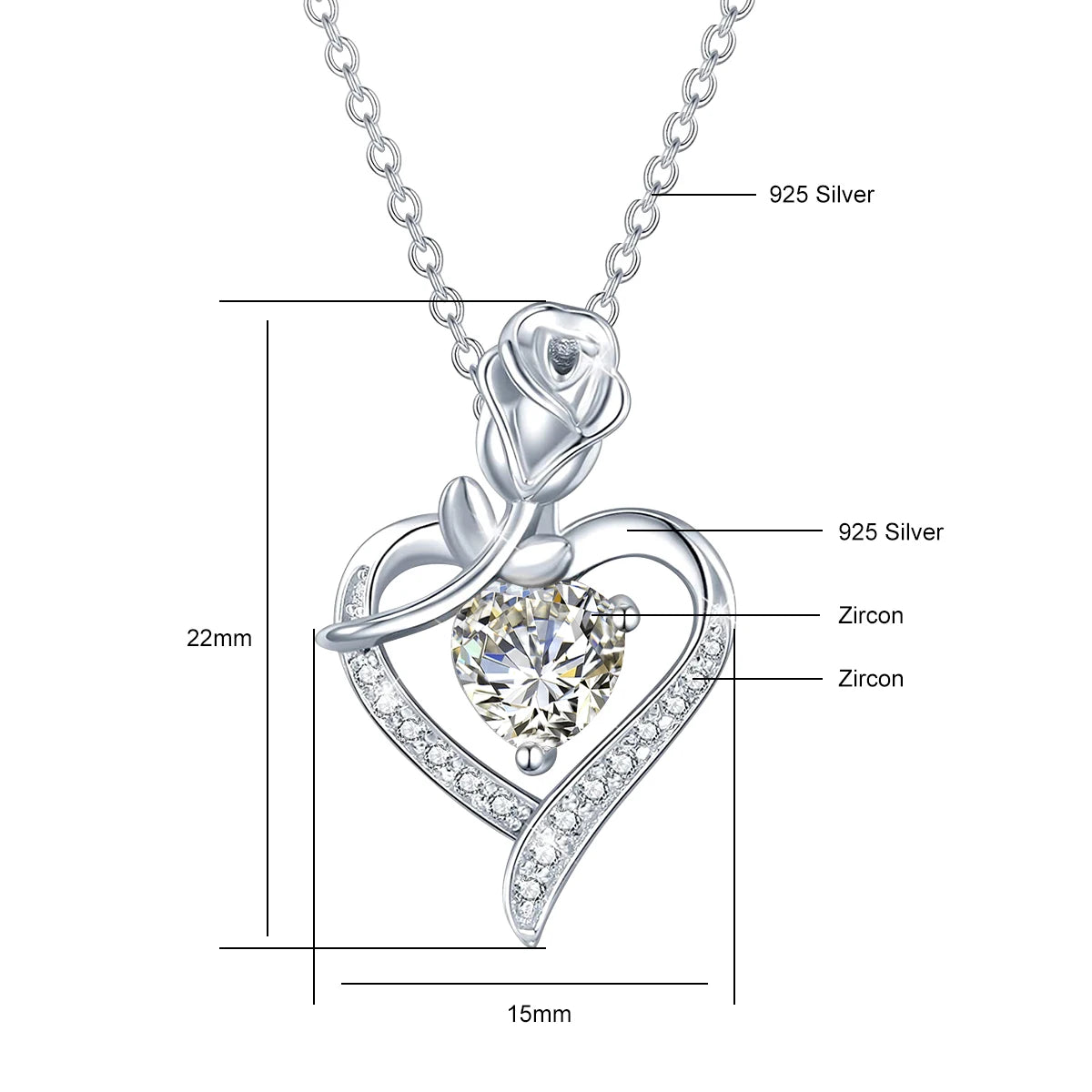 Romantic 925 Silver Necklace Rose Heart Design 1CT Moissanite Pendant Everyday Valentine Mother’s Day Party Perfect GiftFor her