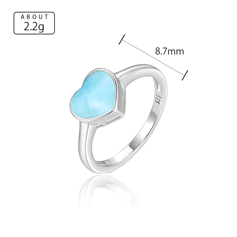 Hot Selling Natural Blue Larimar Ocean Ring Gemstone 925 Sterling Silver Larimar Heart Love Women Dating