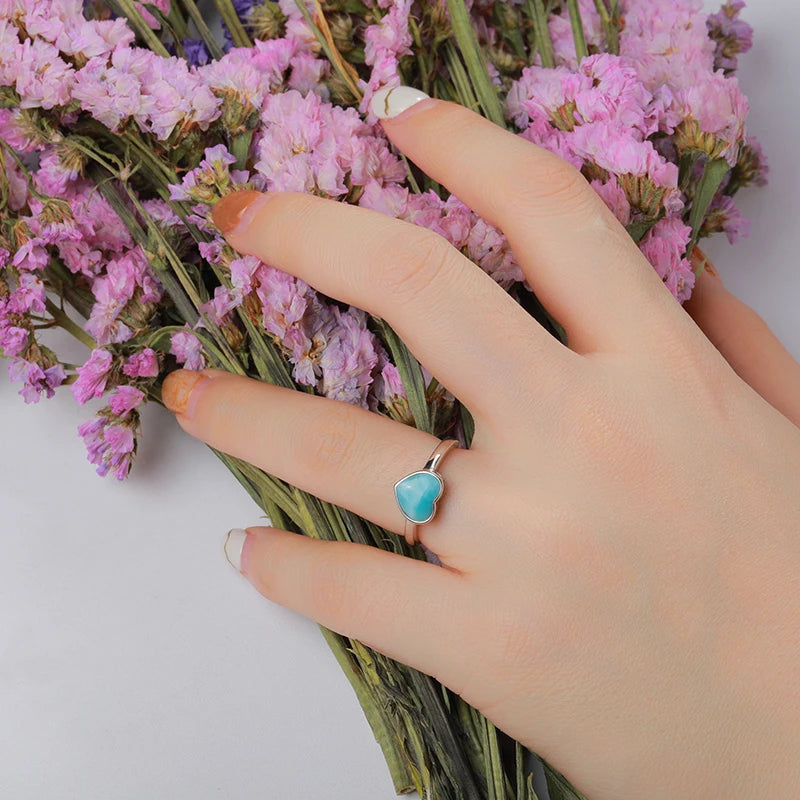 Hot Selling Natural Blue Larimar Ocean Ring Gemstone 925 Sterling Silver Larimar Heart Love Women Dating