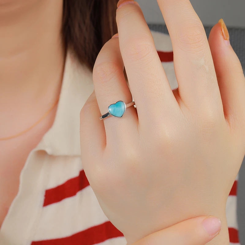 Hot Selling Natural Blue Larimar Ocean Ring Gemstone 925 Sterling Silver Larimar Heart Love Women Dating