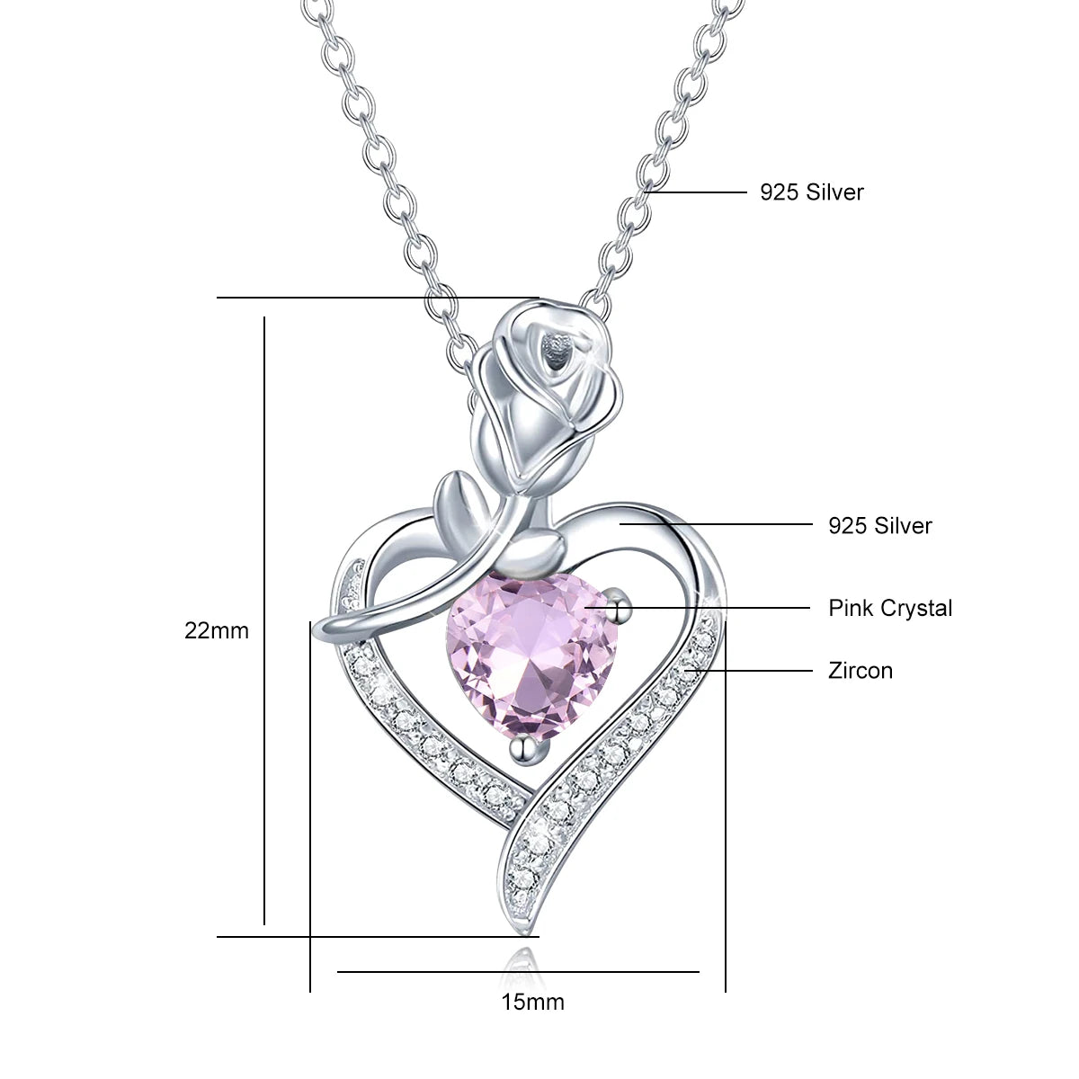 Romantic 925 Silver Necklace Rose Heart Design 1CT Moissanite Pendant Everyday Valentine Mother’s Day Party Perfect GiftFor her
