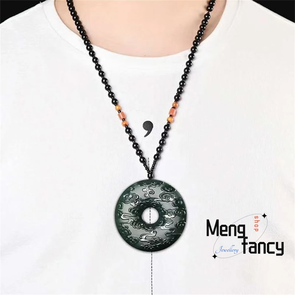 Natural Hetian Green Jade Fine Material Dragon Phoenix Auspicious Cloud Peace Pendant Tai Chi Eight Trigrams Exquisite Jewelry