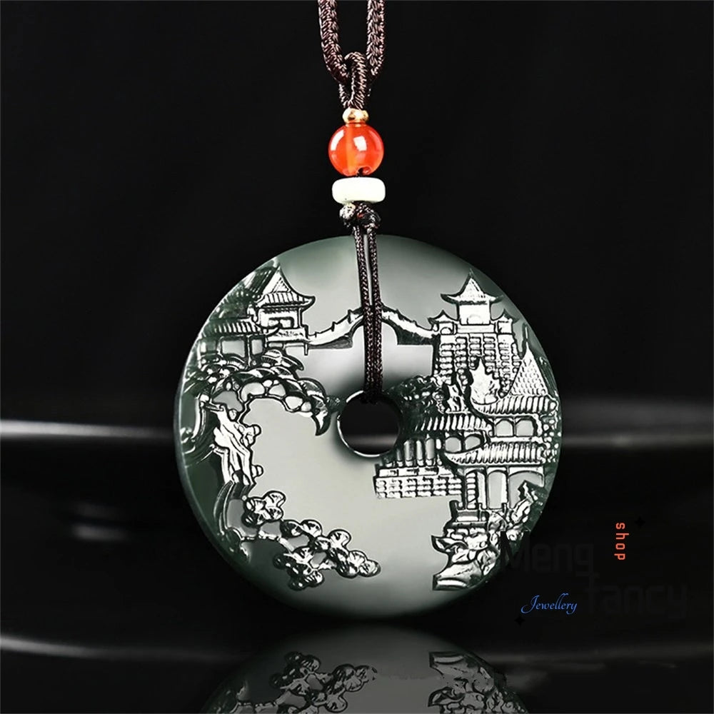 Natural Hetian Green Jade Fine Material Dragon Phoenix Auspicious Cloud Peace Pendant Tai Chi Eight Trigrams Exquisite Jewelry