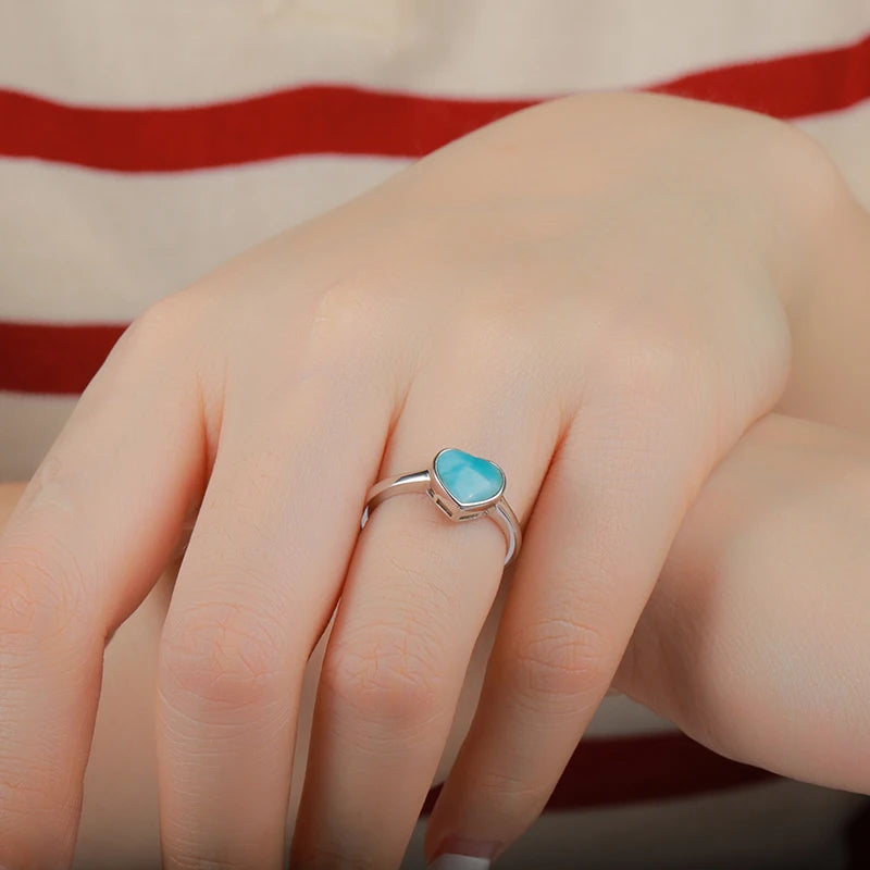 Hot Selling Natural Blue Larimar Ocean Ring Gemstone 925 Sterling Silver Larimar Heart Love Women Dating