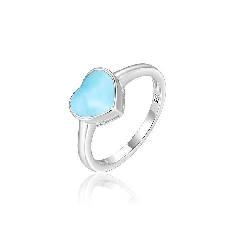 Hot Selling Natural Blue Larimar Ocean Ring Gemstone 925 Sterling Silver Larimar Heart Love Women Dating