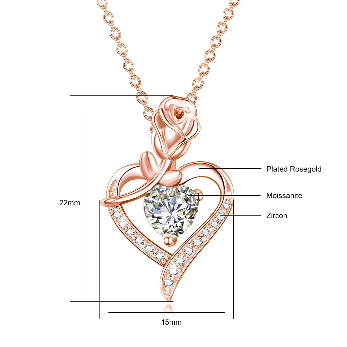 Romantic 925 Silver Necklace Rose Heart Design 1CT Moissanite Pendant Everyday Valentine Mother’s Day Party Perfect GiftFor her