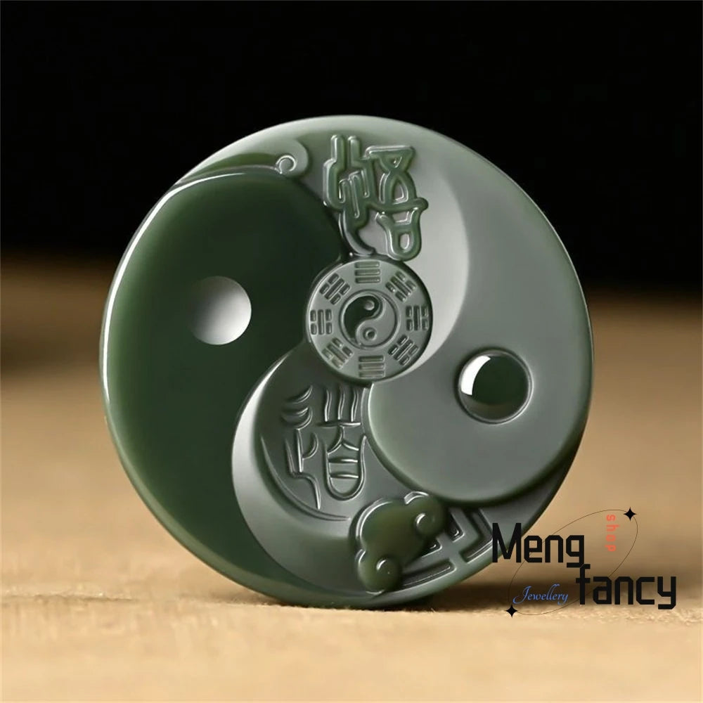 Natural Hetian Green Jade Fine Material Dragon Phoenix Auspicious Cloud Peace Pendant Tai Chi Eight Trigrams Exquisite Jewelry